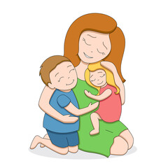 Red-haired loving tender mother with two cute happy children, teenage boy and little girl, hugging each other, isolated on white background, editable strokes, vector illustration
