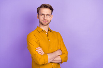 Profile portrait of half turned person folded hands look attentively camera isolated on purple...