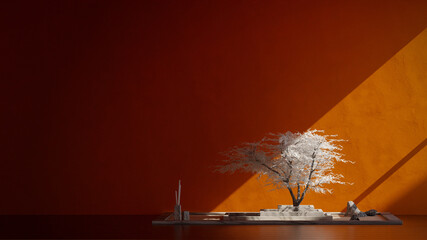 White tree on a japanese rock garden. Interior decor, architecture. Digital 3D rendering.