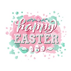 Hand drawn vector illustration with white lettering on textured background Happy Easter for greeting card, invitation, celebration, advertising, poster, card, banner, print, label, decor, template
