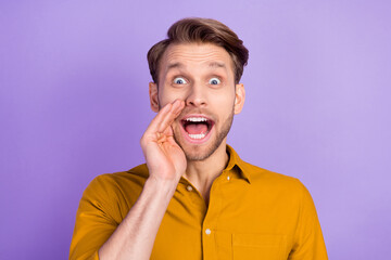 Photo of pretty funky young guy wear casual clothes arm lips making announcement isolated purple color background