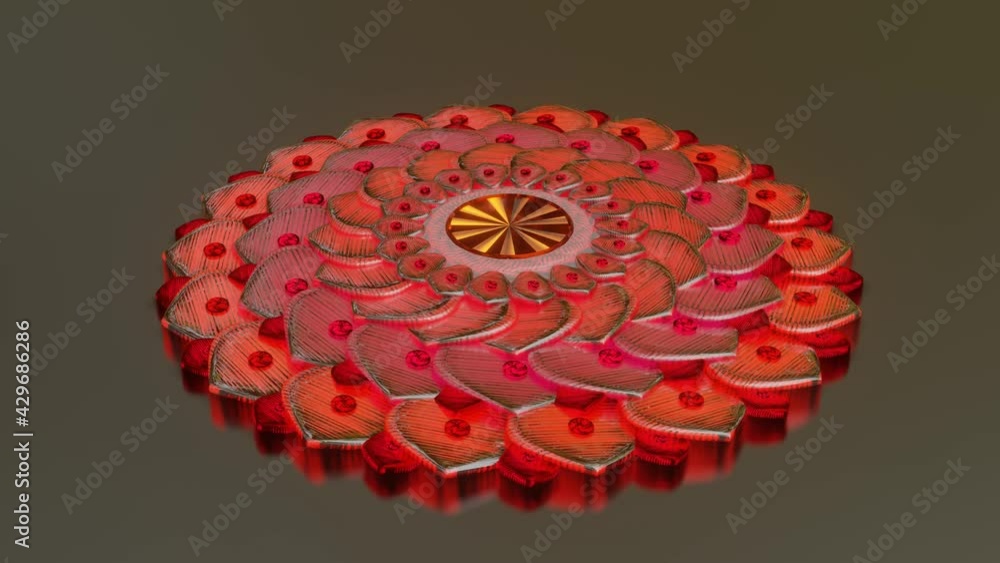 Poster rotating mandala pattern metallic with red glow .. looped animation. 3d render