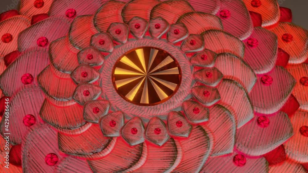 Poster rotating mandala pattern metallic with red glow .. looped animation. 3d render