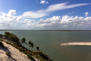 Vegetation and sand dunes of the dry mangrove (Dunas do Mangue Seco) in Bahia providing a beautiful view of the blue sea.