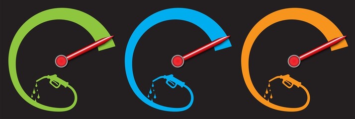 Fuel gauge set on black with fuel pump and drops. The fuel indicator is indicating full tank. Simple futuristic fuel gauge design, to use in transportations, logistics and cars.  - obrazy, fototapety, plakaty
