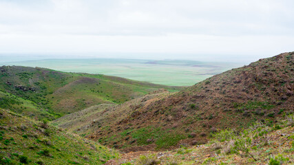 Shengeldi mountains covered with fresh vegetation on an overcast spring day