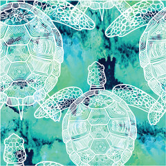 seamless pattern with sea turtles. Marine life. Doodling, mandala pattern. Drawing by hand. Stylish background. - 429687886