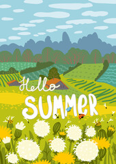 Summer nuture landscape. Colorful floral greeting card.  Cottagecore