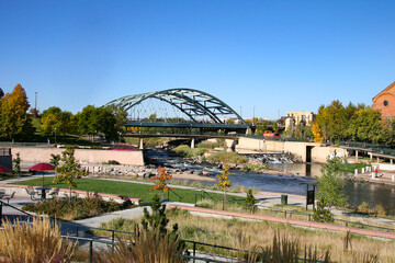 South Platte River Valley - Denver Confluence Park with Cherry Creek and South Platte River flowing beneath the Speer Avenue bridge