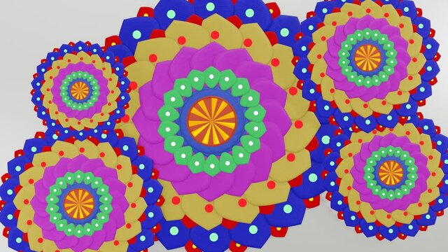 rotating multicolored mandala patterns. looped animation. 3d render