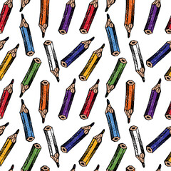 Seamless pattern of drawn colorful wooden pencils