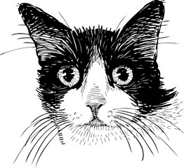 Sketch portrait black and white domestic cat