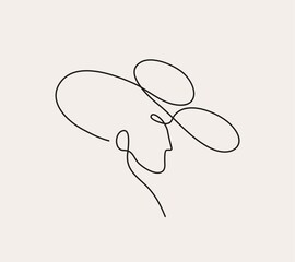 Modern linear portrait of young beautiful woman wearing hat.  Profile face in one line style. Vector illustration
