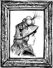 Sketch portrait of young fictional lady 19th century in wooden picture frame