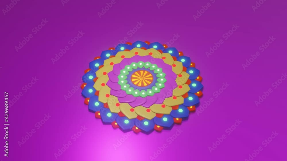 Poster rotating multicolored mandala on a purple background. looped animation. 3d render