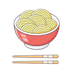 Noodles bowl and chopsticks isolated