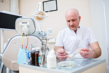 The dentist is alone at his workplace, the doctor is in his dental office. Professional equipment for dental treatment