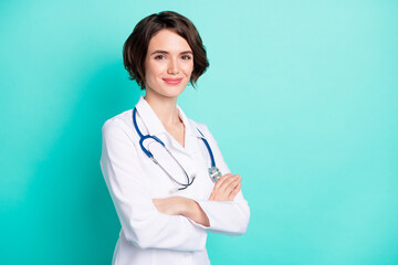 Profile side photo of young woman happy positive smile crossed hands surgeon hospital disease...