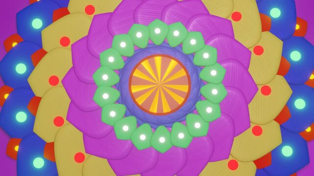 rotating multicolored mandala on a purple background. looped animation. 3d render