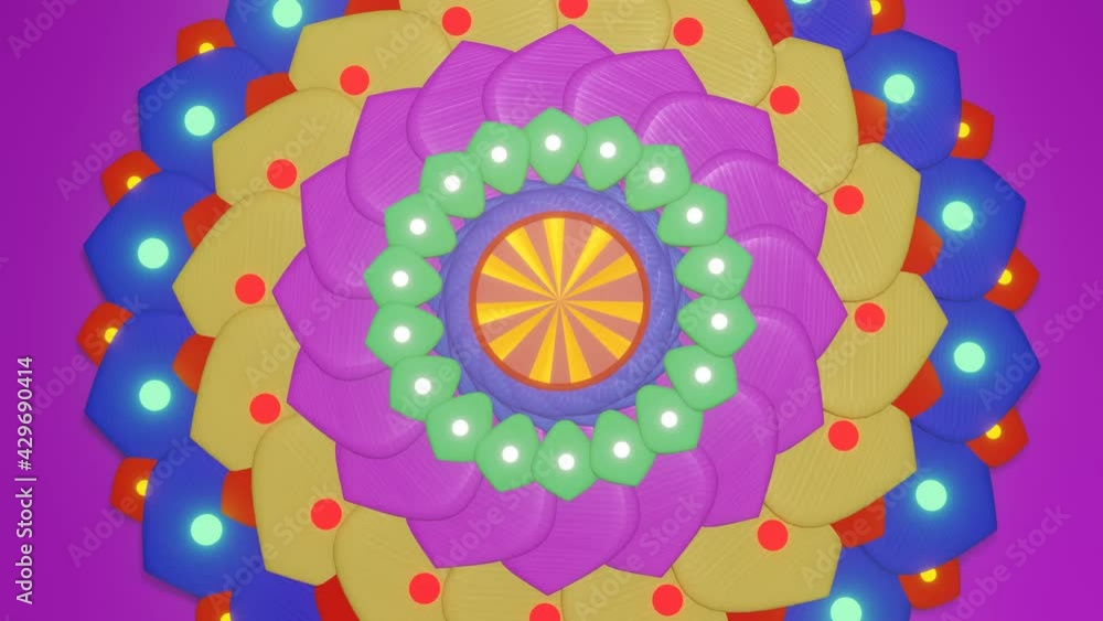 Poster rotating multicolored mandala on a purple background. looped animation. 3d render