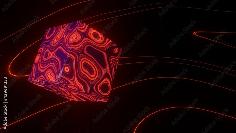 Poster dark smooth cube with a glowing moving texture rotates on a dark background. looped animated backgro