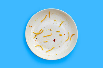 Dirty dish on blue background.