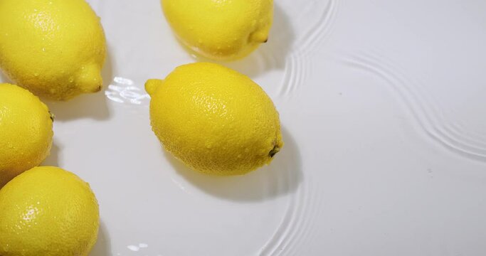 Lemons lying in water, fresh natural fruits citron on white studio backdrop, vitamins and healthy eating concept