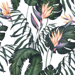 Naadloos patroon van aquarel Strelitzia en palmbladeren