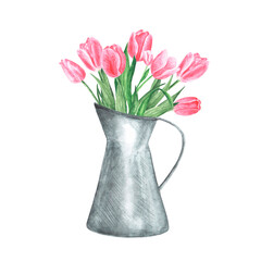 Jug and tulips watercolor illustration. Spring illustration. Bouquet of pink tulips. Metal vintage jug. Illustration isolated. Bright colors. For printing on postcards, stickers, dishes, notebooks