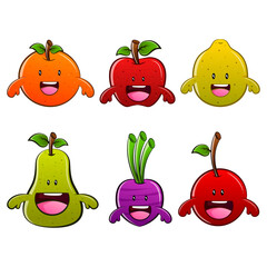 Happy Fruits and Vegetables Character Design Illustration Vector