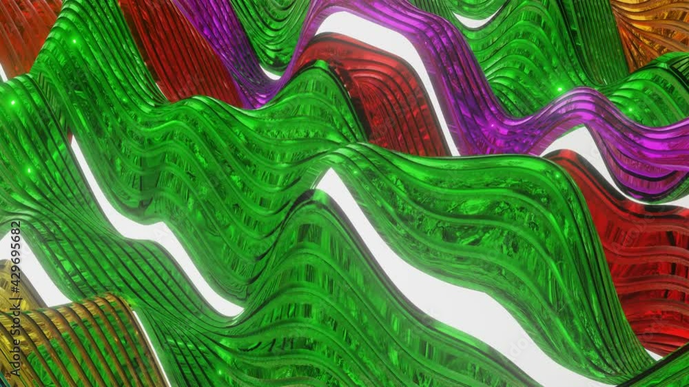 Poster multicolored stripes moving in waves. looped animated background. 3d render