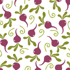 Hand drawn seamless pattern of simple beet. Doodle sketch style. Beet pattern for food shop, vegetable wallpaper, background, textile design