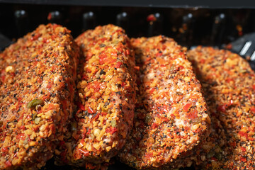 Four raw fresh grilled steaks. Meat industry product. Summer range for barbecue