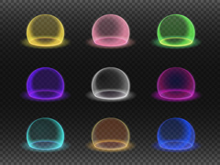 Force field set isolated on transparency grid, various energy or defense shields, deflector or force bubble. Vector broken bubble shields, energy barriee