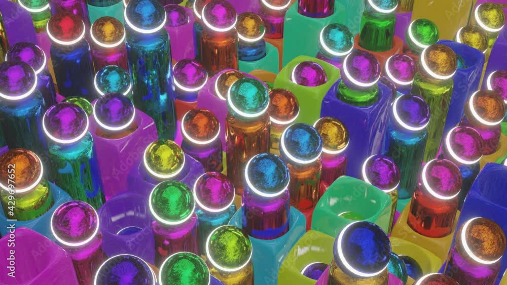 Poster rotating multi-colored spheres on cylinders slowly rise and fall into three-dimensional cubes with h