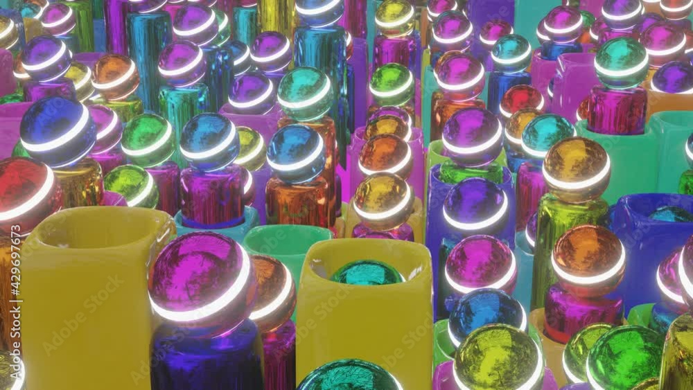 Poster rotating multi-colored spheres on cylinders slowly rise and fall into three-dimensional cubes with h