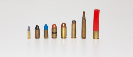 Naklejka premium Various types and calibers of ammunition and cartridges for weapons of the forum with various firepower.