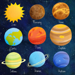 Cute cartoon Solar System poster on dark background with stars. Colorful bright set of planets hand drawn illustration. High quality illustration. Children nursery, baby shower print with lettering © LukaJreym