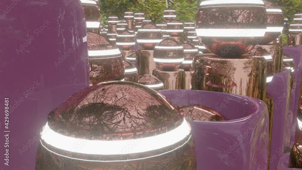 Poster rotating spheres on cylinders slowly rise and fall into three-dimensional cubes with holes. looped a