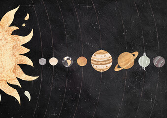 Vintage Solar System poster on dark background with stars. Retro set of planets hand drawn illustration. High quality illustration. Subtle pastel colors