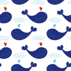 Seamless pattern with cute navy blue whales with hearts and waves. Vector sea background for kids. Child drawing style cartoon baby animals underwater illustration. Design for fabric, decor.
