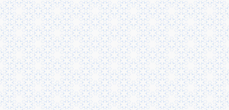 Subtle minimalist geometric floral pattern. Abstract seamless texture with small flower shapes, tiny triangles, snowflakes. Minimal white and blue background. Modern luxury ornament. Repeated design