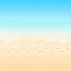 Vector illustration. Ocean from above. Banner, site, poster template. Paradise beach with waves and footprints along the beach.