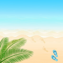 Fototapeta na wymiar Vector illustration. Ocean from above. Banner, site, poster template. Paradise beach with waves and sandals and footprints on the sand.