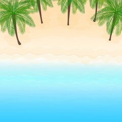 Fototapeta na wymiar Vector illustration. Ocean from above. Banner, site, poster template. Paradise beach with waves and palm leaves.