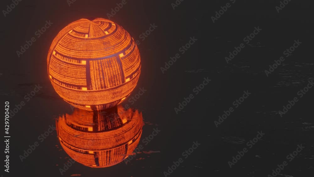 Poster a dark sphere with a glowing red texture rotates slowly against a dark background. looped animated b
