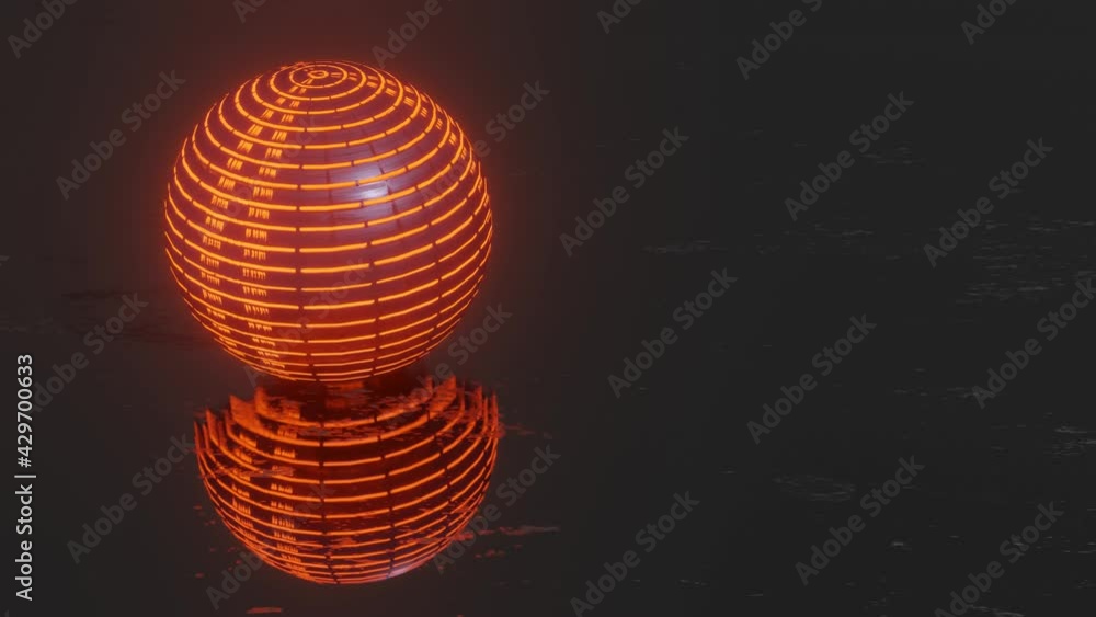 Poster a dark sphere with a glowing red texture rotates slowly against a dark background. looped animated background. 3d render