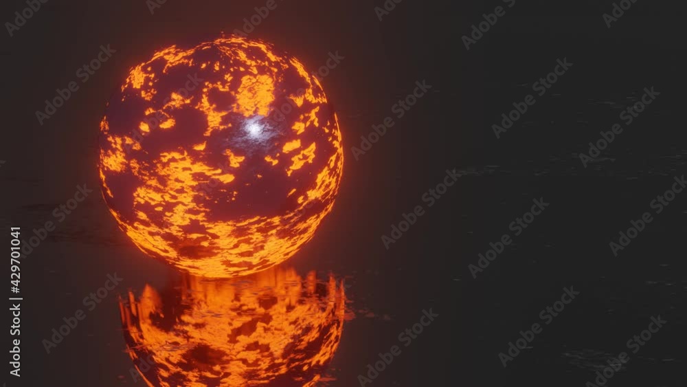 Poster a dark sphere with a glowing red texture rotates slowly against a dark background. looped animated background. 3d render