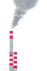 Environmental pollution, ecological problem, smoke from a pipe of a thermal power plant on a white...