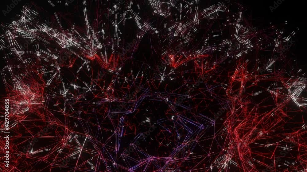 Poster 3d moving mesh with red and white glow on a black background. looped animated background. 3d render